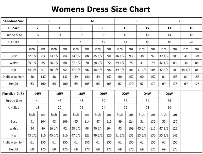 Women's dress size chart for standard and plus sizes, including bust, waist, hip, and hollow-to-hem measurements in inches and cm.