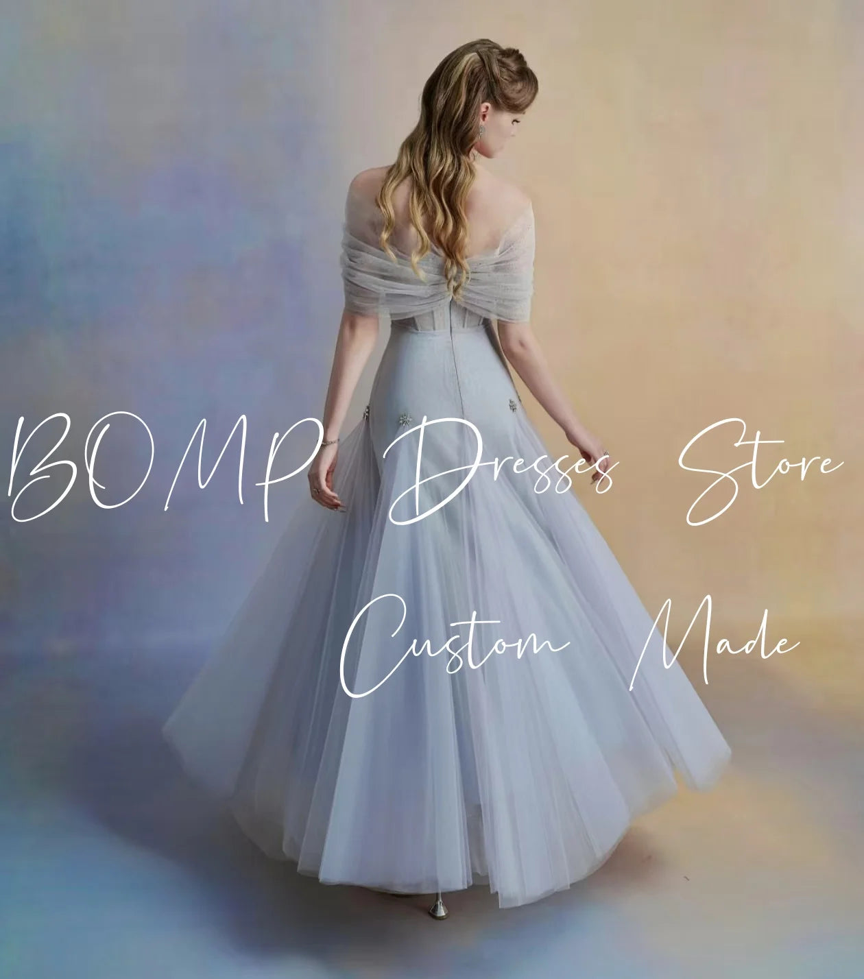 BOMP Elegant Blue Wedding Party Dress Off Shoulder Corset Draped A-Line Floor Length Tulle Special Occasion Evening Gown Custom