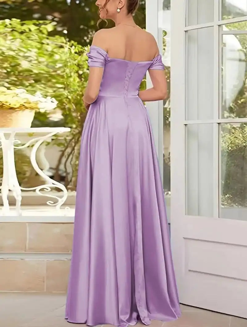 Elegant Women’s Off-the-Shoulder A-Line Evening Gown: Customized Slit Long Pleated Satin Dress