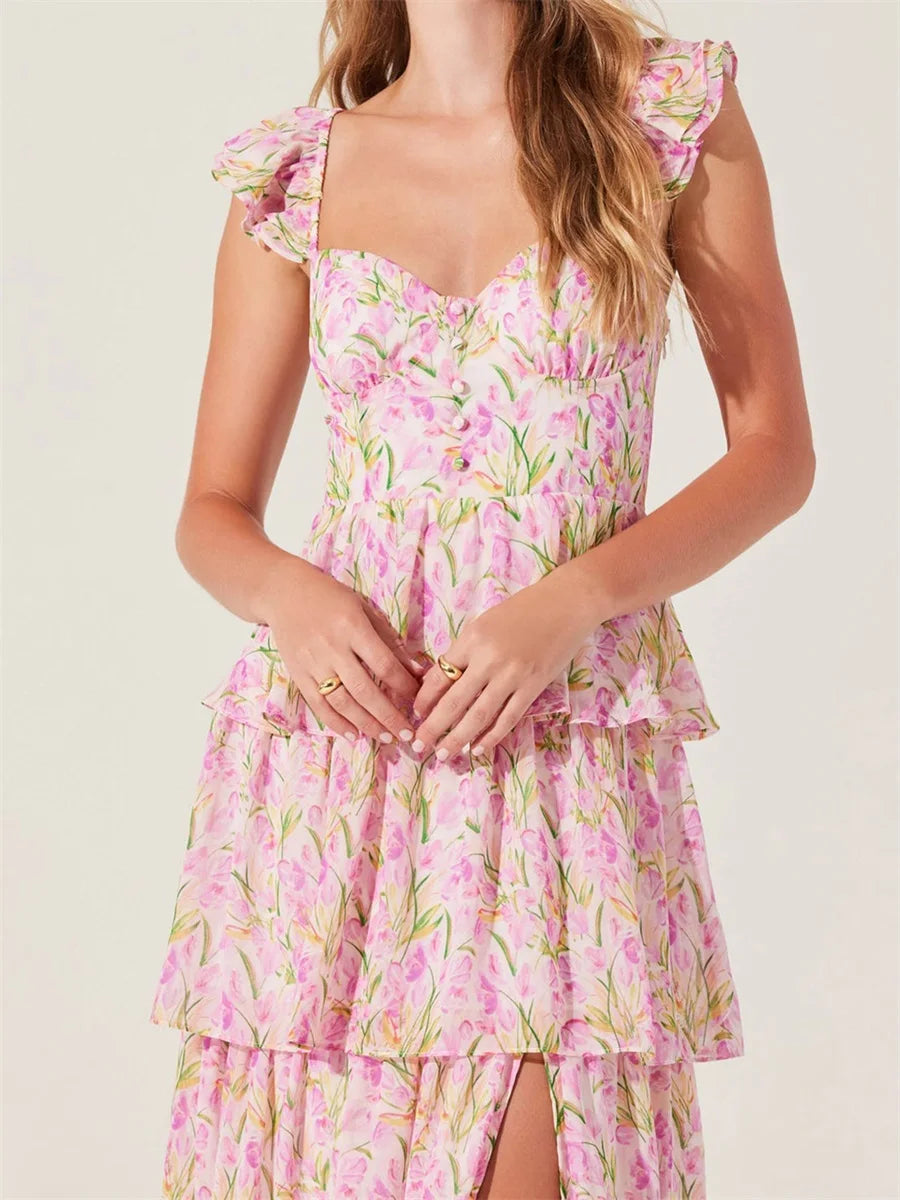 Elegant Off-Shoulder Maxi Dress with Delicate Floral Print and Flowy Ruffled Layers Perfect for Spring and Summer Events - Just The Fly Way