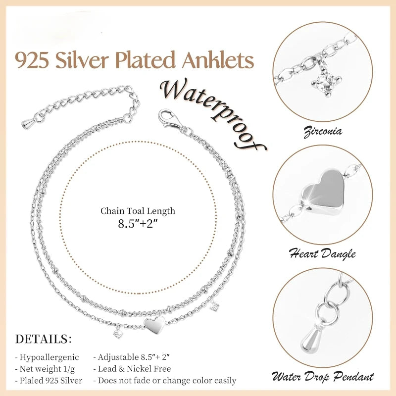 Trendy and Dainty 925 Sliver Plated CZ Waterproof Heart Charm Anklet - Just The Fly Way
