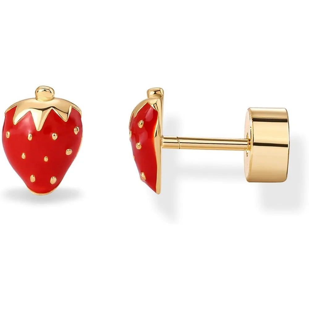 14K Gold Plated Sterling Silver Posts Enamel Flatback Stud Earrings for Women - Colored Chili Pepper Strawberry Peach Cherry Emo - Just The Fly Way