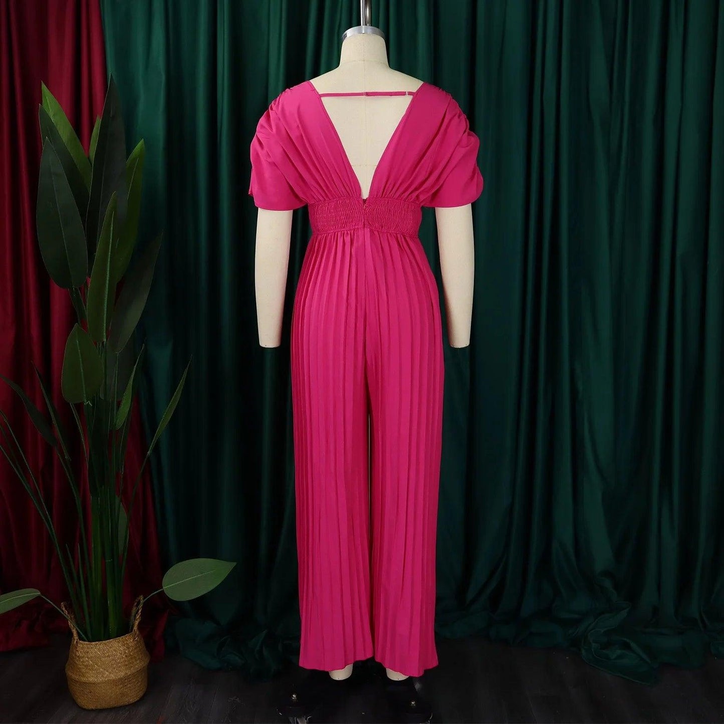 Elegant V-neck Solid Color Fashion Pleated Wide leg Jumpsuit, Pants Romper - Just The Fly Way