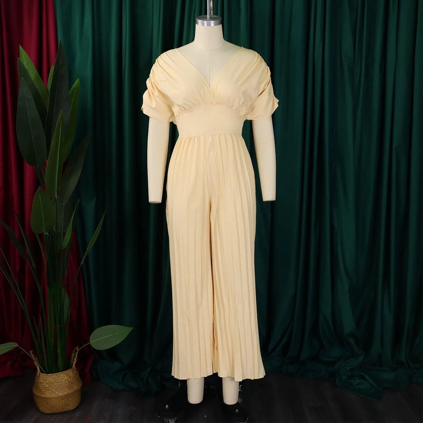 Elegant V-neck Solid Color Fashion Pleated Wide leg Jumpsuit, Pants Romper - Just The Fly Way