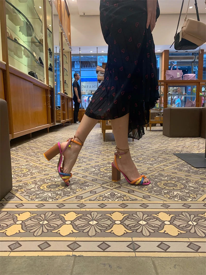 Fashionable, Bold and Beautiful DressBrazil Fashion Luxury Twist Woven Sandals Color Blocking Designer Brand Women's Shoes Thick with High Heel Sandals Female Casual