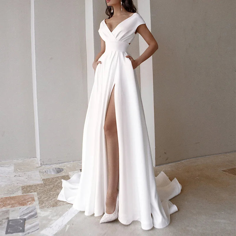 Off Shoulder Solid Women Dress Sleeveless Backless Split Lady Dresses 2024 Fashion Wave Cut Evening Party Female Maxi Vestidos