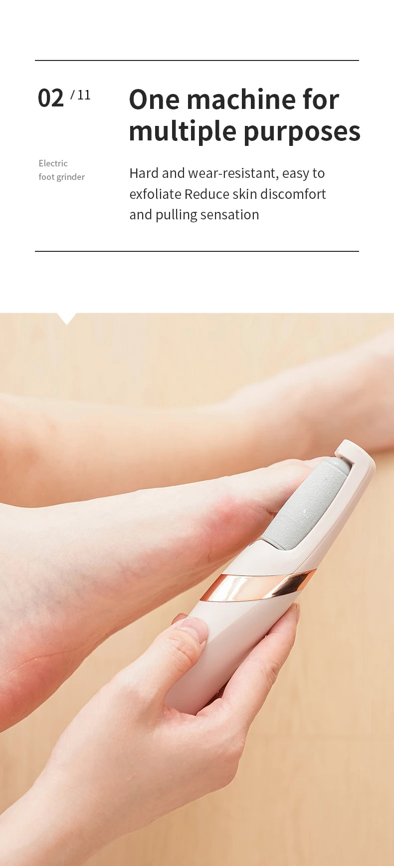 Handheld exfoliating tool being used on a wrist with text about its multiple purposes.