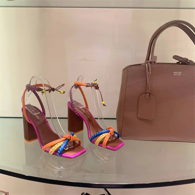 Fashionable, Bold and Beautiful DressBrazil Fashion Luxury Twist Woven Sandals Color Blocking Designer Brand Women's Shoes Thick with High Heel Sandals Female Casual