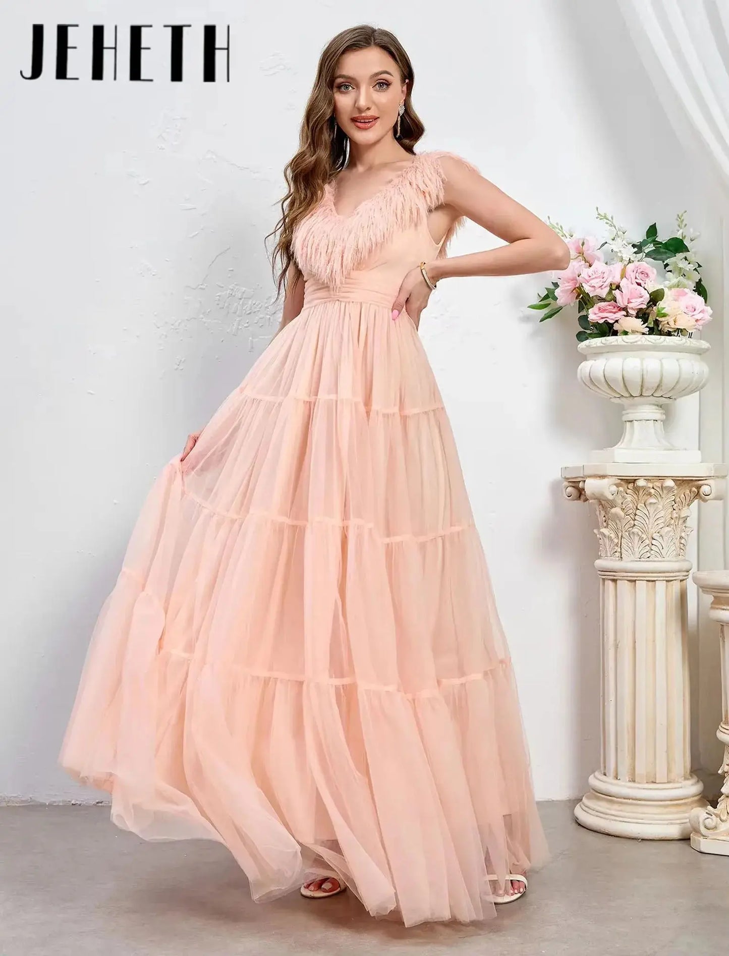 JEHETH Elegant A-Line Prom Dress Sexy Puffy Feather Sleeve Party Dress Backless Long Evening Party Bridesmaids Gowns Customized