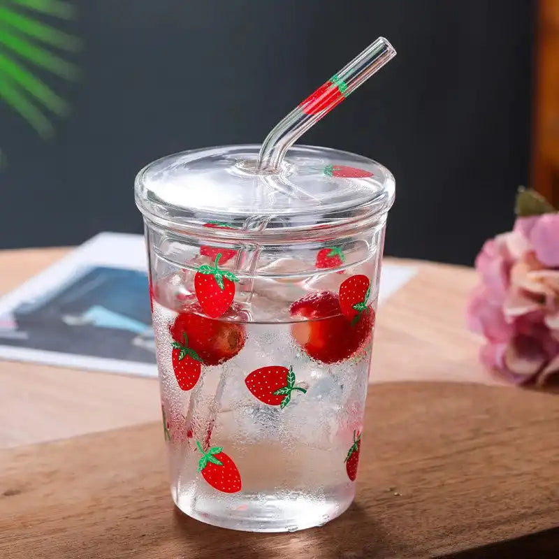 Cute Heat Resistant Strawberry Glass Cups with Lid and Straw - Perfect for Drinks! - Just The Fly Way