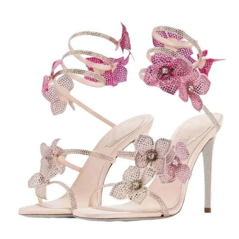 Be BOLD in the Gorgeous CRYSTAL Flower, Ankle Strap Sandals, High Heels - Just The Fly Way