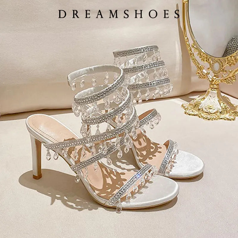 Fashionable, Bold and Beautiful Dress2025 Spring/Summer New Water Diamond Jewel Wrist Wrapped Snake-shaped High Heel Sandals Sexy Large Size Shoe Girl Women Sandals