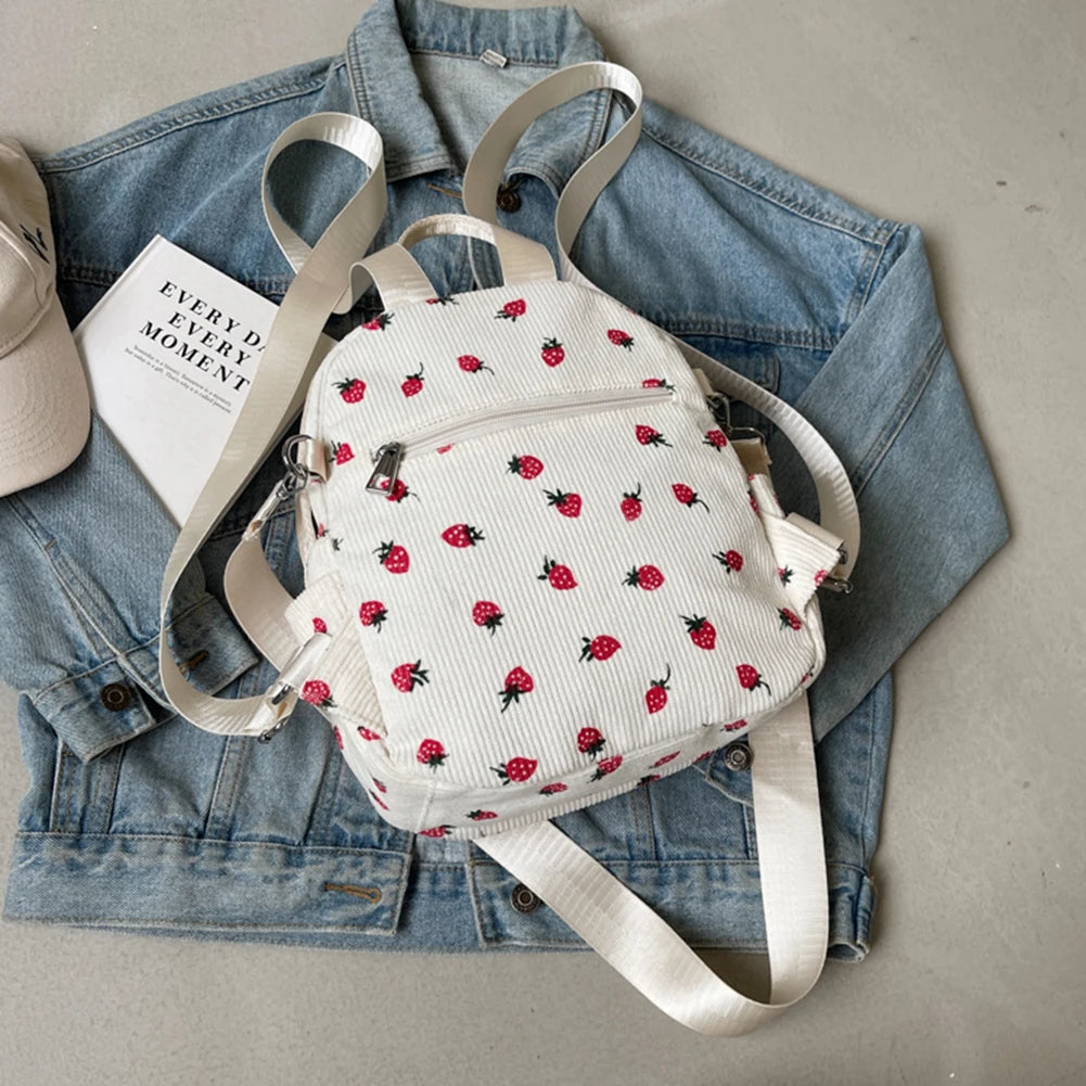 Fashionable, Bold and Beautiful DressTrendy Strawberry Kawaii Backpack - Lightweight Corduroy Bookbag for Women, Teens & Girls