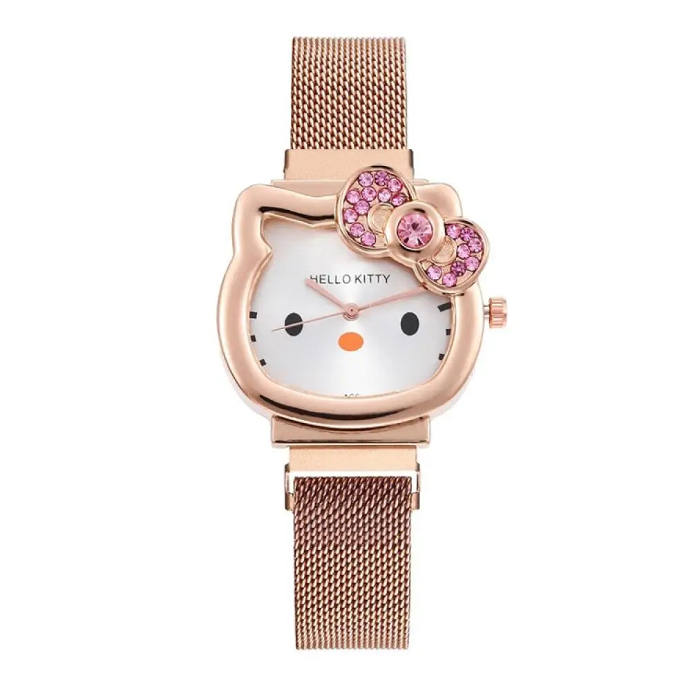 Gold or Silver Metal Ladies Kawaii Pink Hello Kitty Rhinestone Watch
