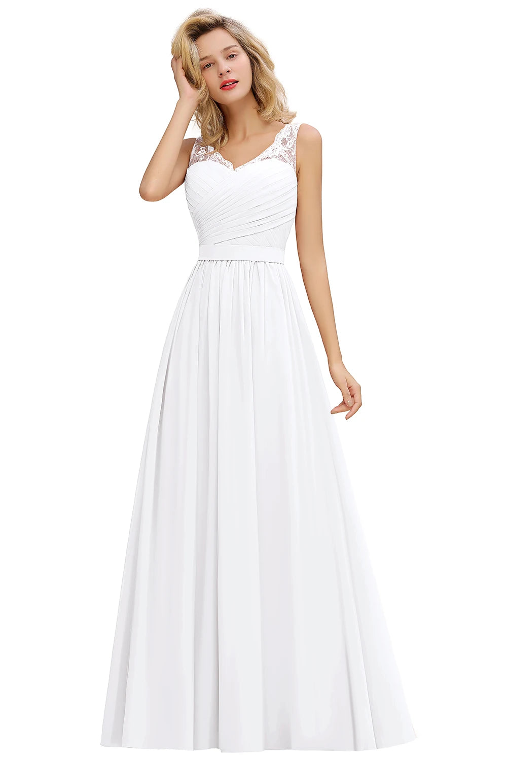 BABYONLINE Elegant Bridesmaid Dress Pleated Bodice See-through Lace Cap Sleeves Maxi Flowy A-Line Skirt Wedding Party Gown Women