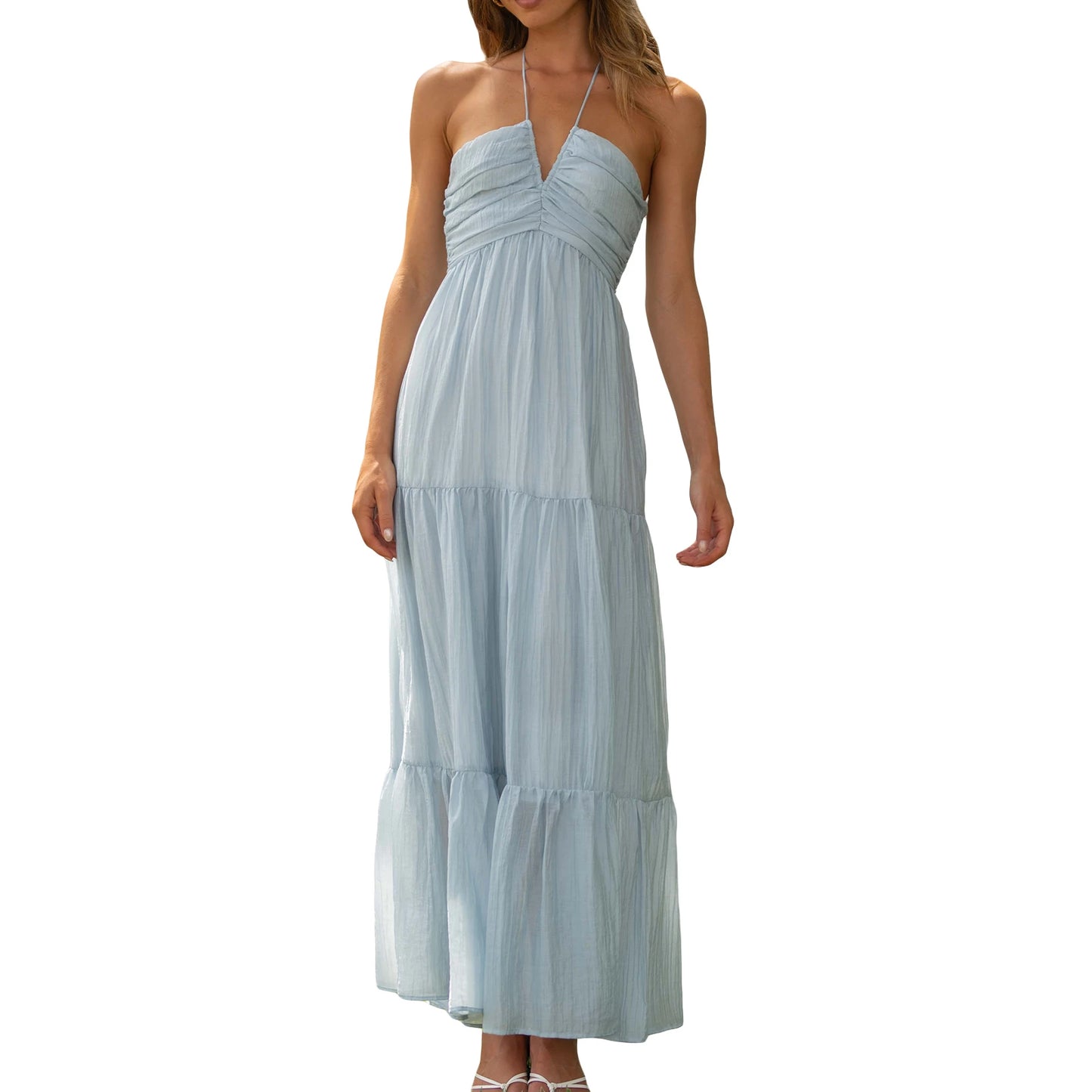 Elegant Sleeveless Maxi Dress with Halter Neckline and Backless Design Perfect for Summer Beach Parties and Casual Events - Just The Fly Way