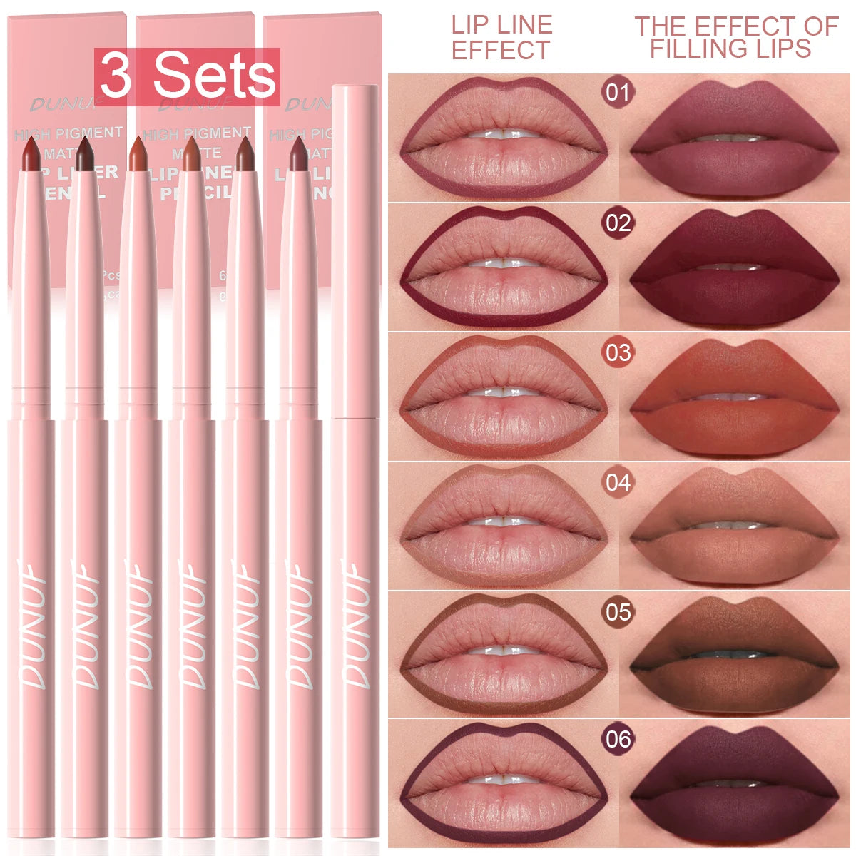 Fashionable, Bold and Beautiful Dress6pcs Lip Liner Pen Set Long-Lasting, Waterproof Sweatproof, Easy Coloring Non-fading Color Rendering Lip Gloss Set Beauty Makeup