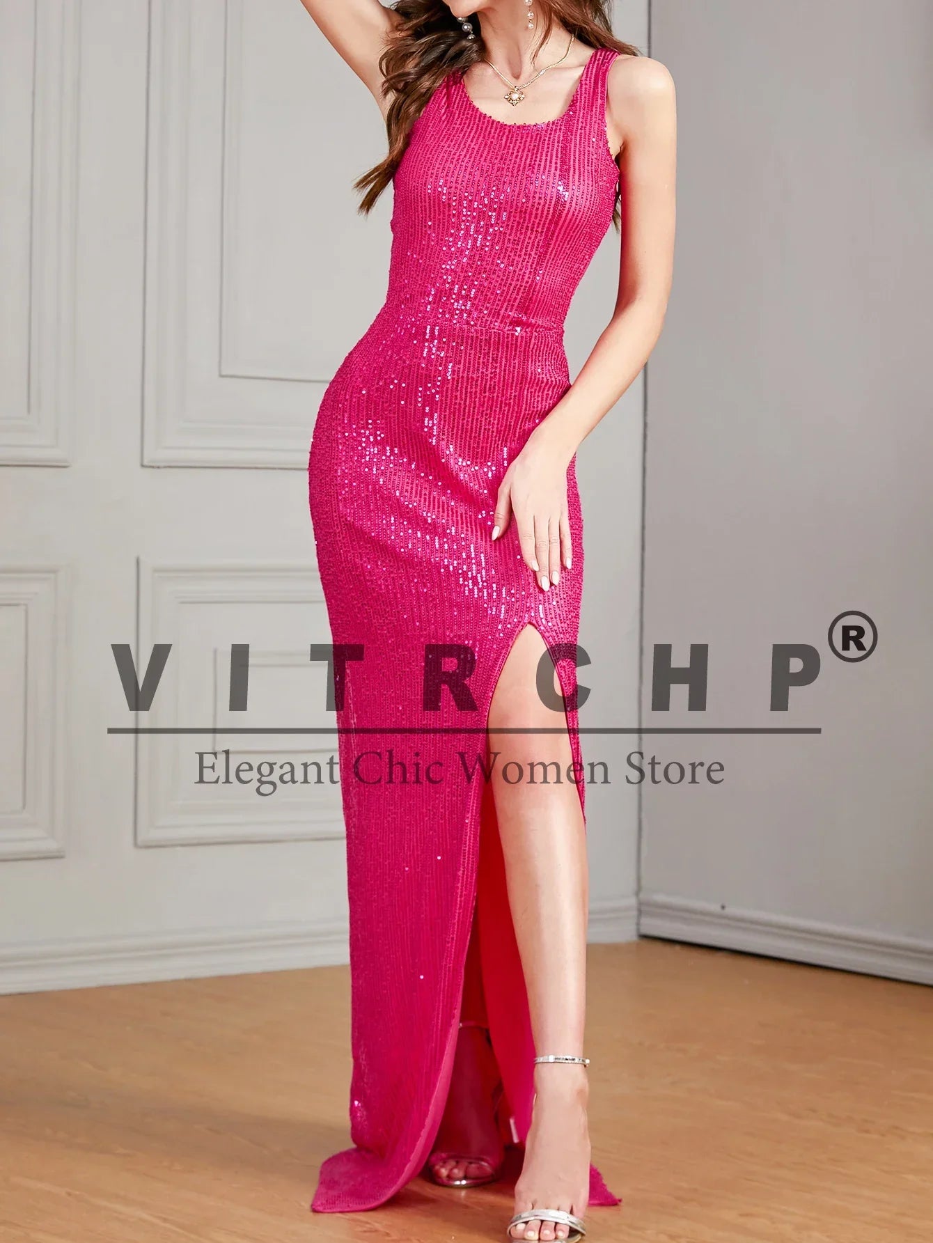 Celebrity Evening Dress Women Sequin Long Prom Dress V Neck Rose Sequin Evening Dress Sexy Party Mermaid Sparkling Maxi Dress - Just The Fly Way