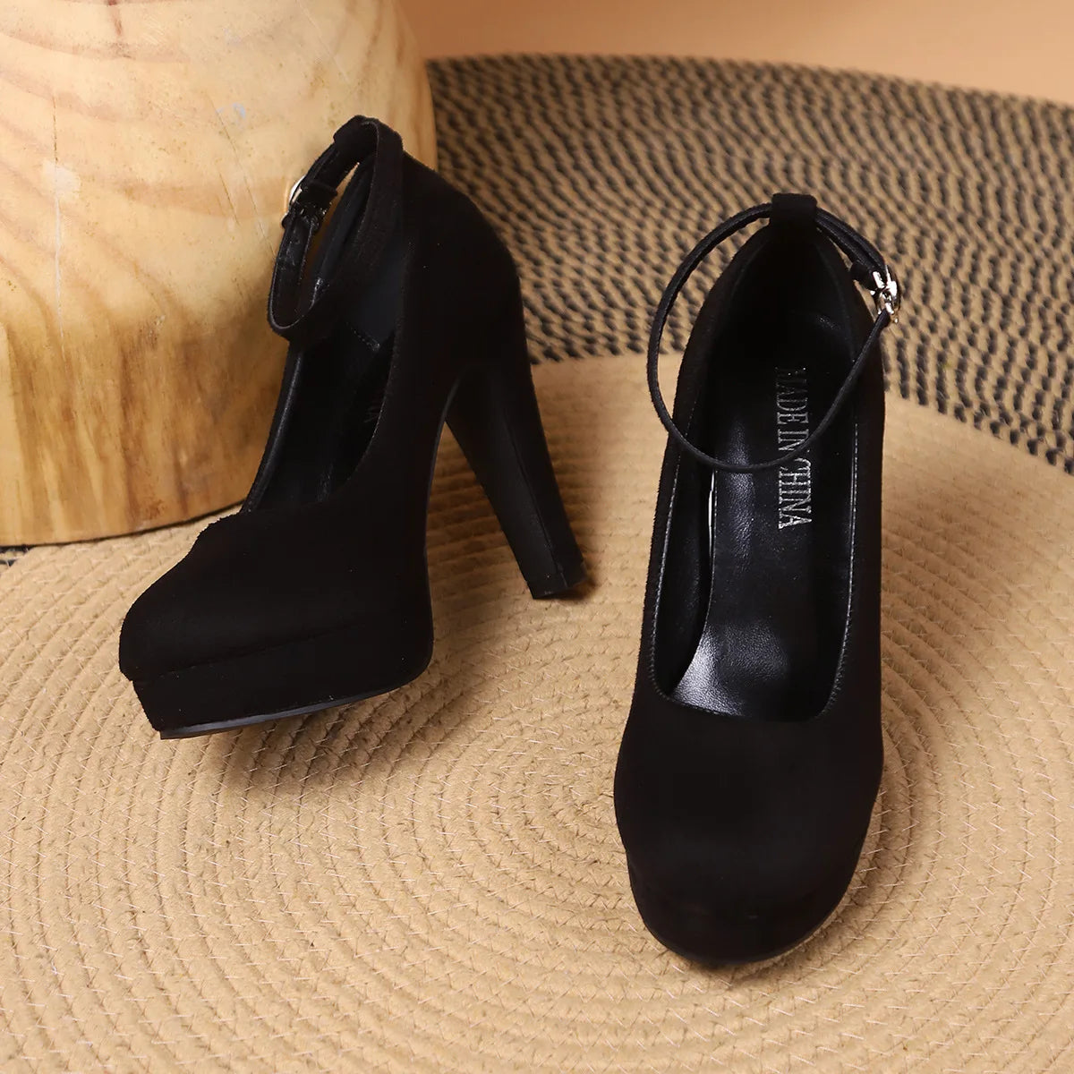 Fashionable, Bold and Beautiful DressLarge Size 42 Sexy Super High Heels Shoes for Women Ankle Buckle Chunky Platform Pumps Woman Black Flock Square Heel Party Shoes