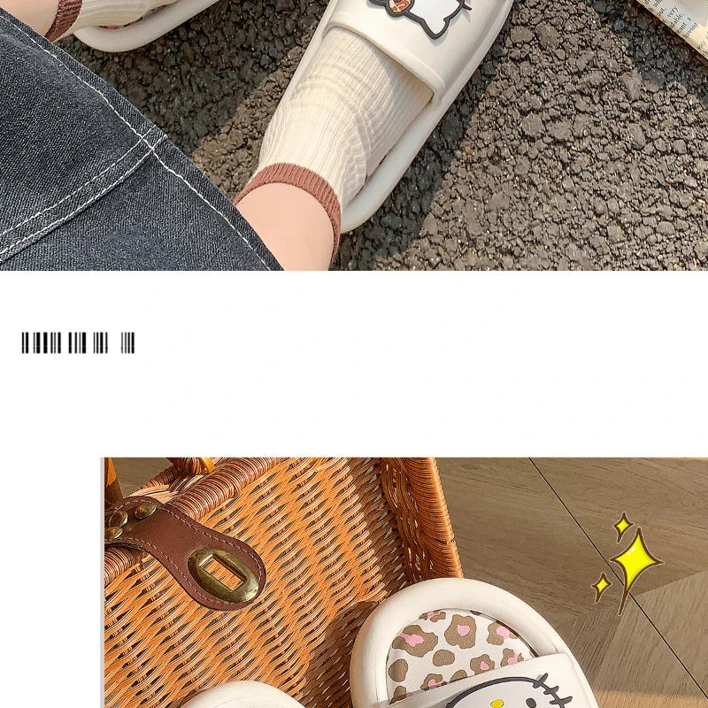 Miniso Hello Kitty Cute Leopard Print Slippers Trendy Open-Toe Slide Sandals in Chic Two-Tone Design Comfortable EVA Material