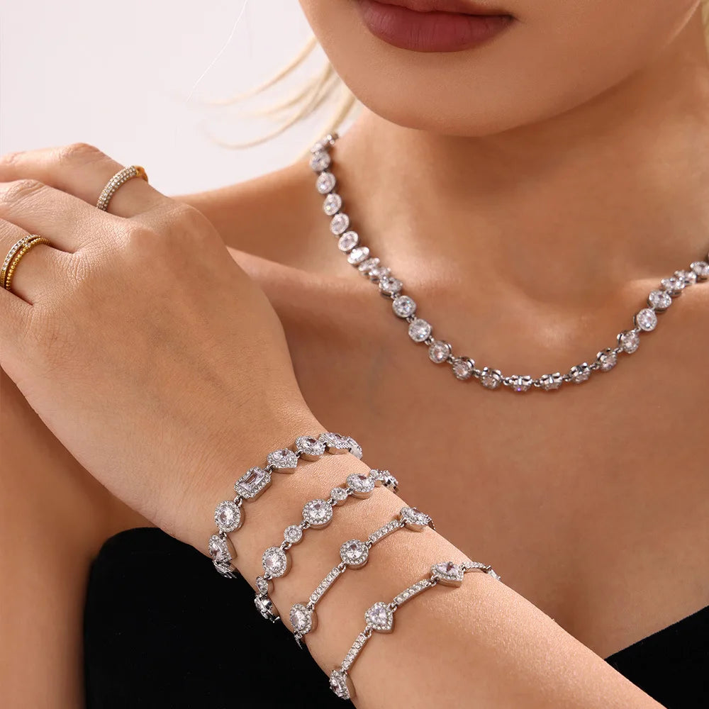 Shimmering Gold Plated Tennis Bracelet for Women - Vintage Charm Bangle with Zircon, Heart & Square Designs - Just The Fly Way