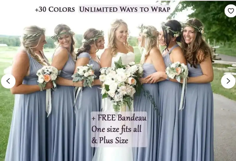 Bridesmaids wearing BABYONLINE Convertible Gown in grey-blue, styled in various halter and sleeveless wrap designs. Floor-length dresses ideal for weddings.