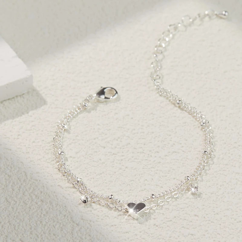 Trendy and Dainty 925 Sliver Plated CZ Waterproof Heart Charm Anklet - Just The Fly Way