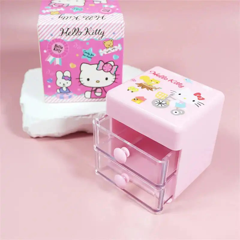 Sanrio Hello Kitty Desktop Storage Box Double Drawer Jewelry Storage Box Cartoon Kitty Cat Mini Sundries Finishing Boxes Gift