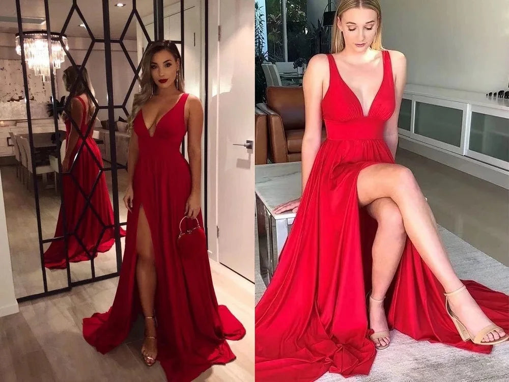 Elegant A-Line Split V-Neck Women's Party Formal Dress Sleeveless Floor Length Birthday Gown