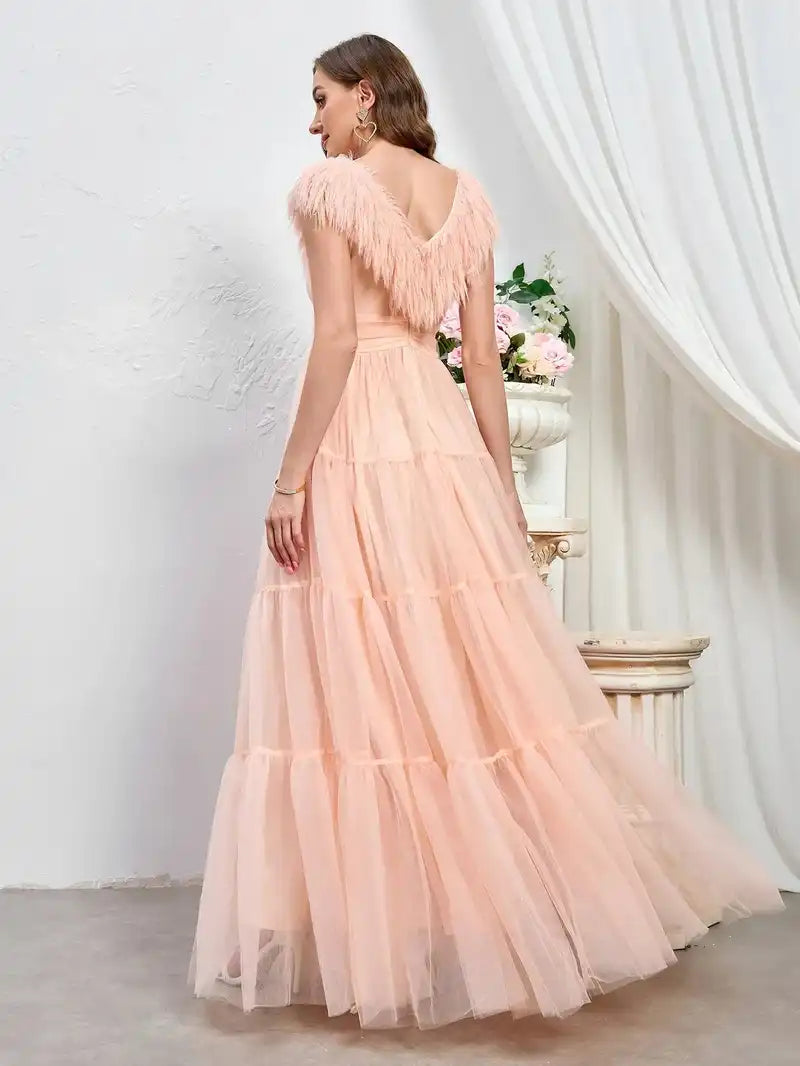 Elegant Wedding Dress Dusty Pink Ruched Backless Long Evening Party Bridesmaids Gowns Sexy Puffy Feather Sleeve Prom Dress