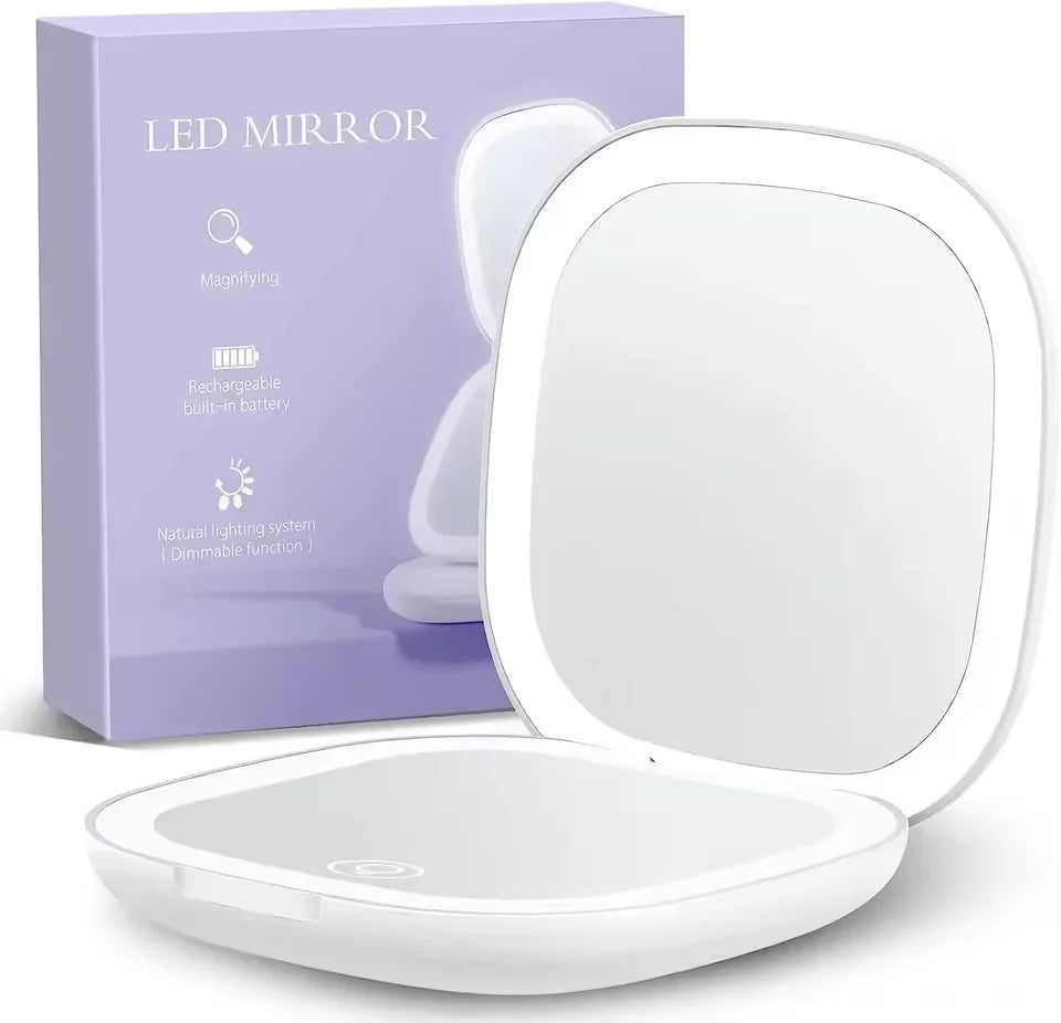 Portable LED Makeup Mirror, Double-Sided Lighted Mirror, Rechargeable 5X Magnification Folding Dressing Mirror for Touch-Ups.