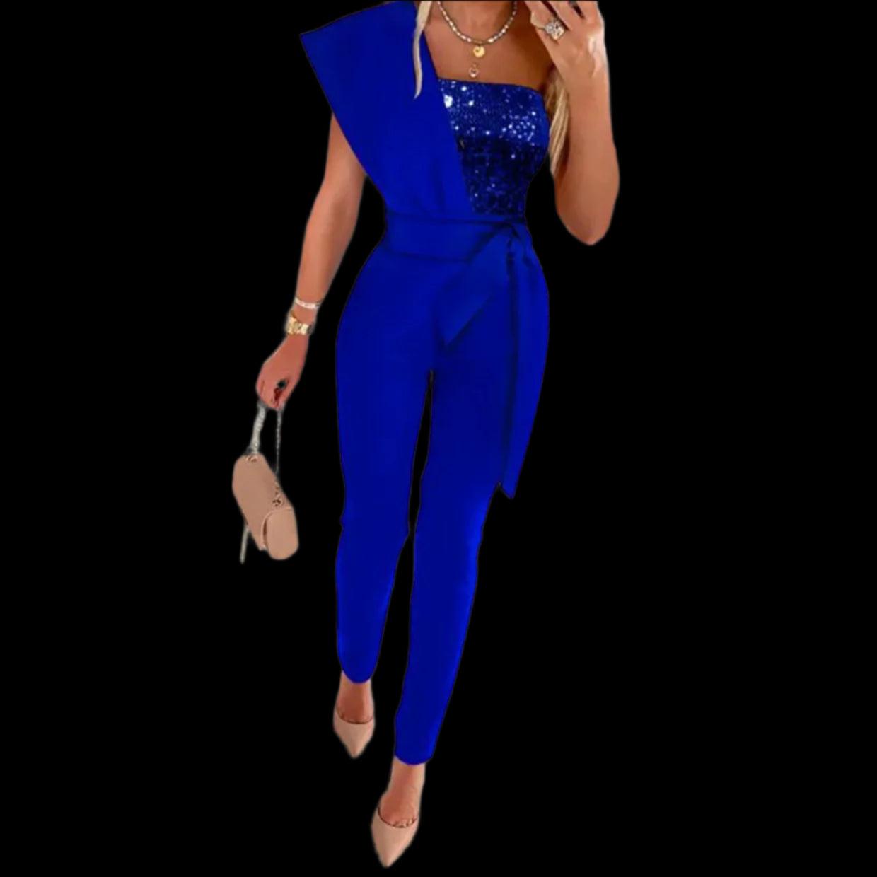 Women's Solid Color Romper, Cut-out Design, Belt Decoration, V-neck Fashion Sequin One-shoulder Bodysuit - Just The Fly Way