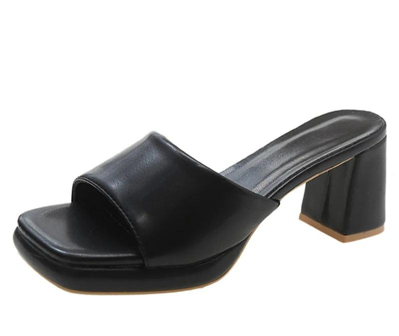 Women's Slide Shoes With Chunky Heels And Peep Toe Design - Just The Fly Way