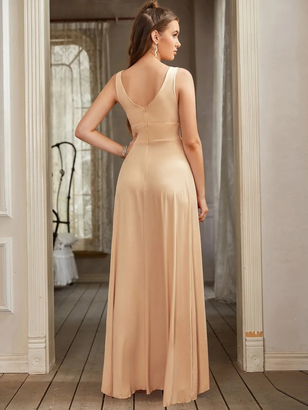 Elegant A-Line Split V-Neck Women's Party Formal Dress Sleeveless Floor Length Birthday Gown