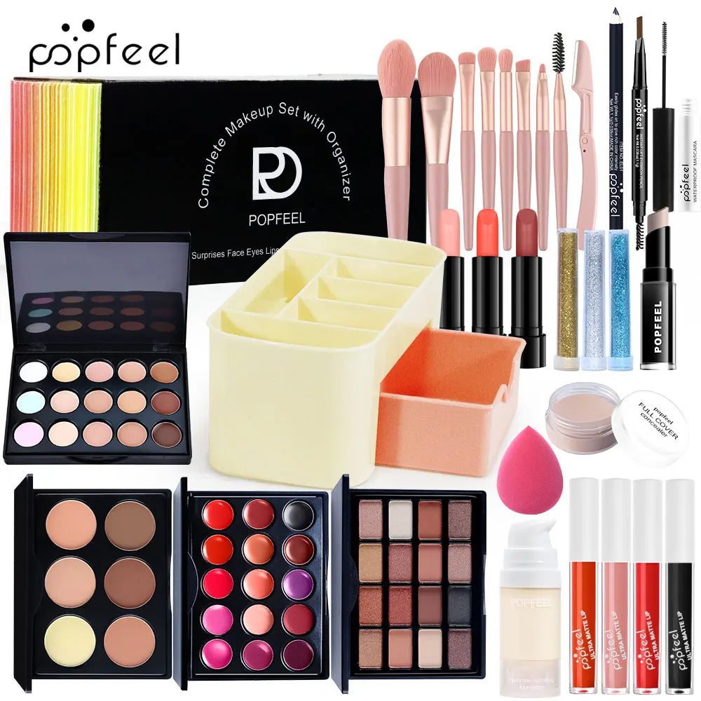 Fashionable, Bold and Beautiful DressPOPFEEL Color Makeup Cosmetic Gift Set - Eyeshadow, Foundation, and Makeup Brushes with Storage Box - Complete Makeup Collection