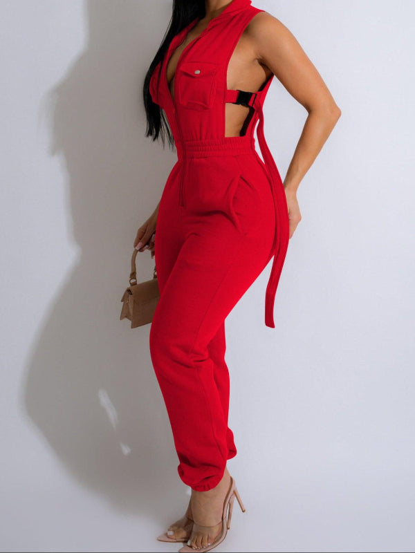 Sleek Jogger Romper With Single-breasted Front, Stylish Buckle Closure, Open Sides - Just The Fly Way