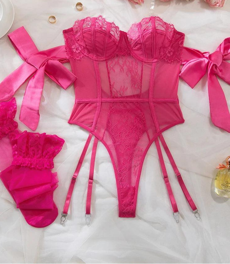 Lace Lingerie Bodysuit with Garter and Stockings - Just The Fly Way