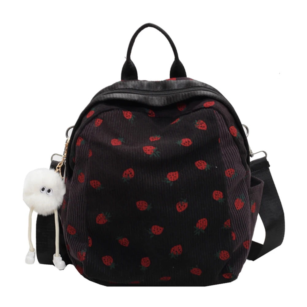Fashionable, Bold and Beautiful DressTrendy Strawberry Kawaii Backpack - Lightweight Corduroy Bookbag for Women, Teens & Girls