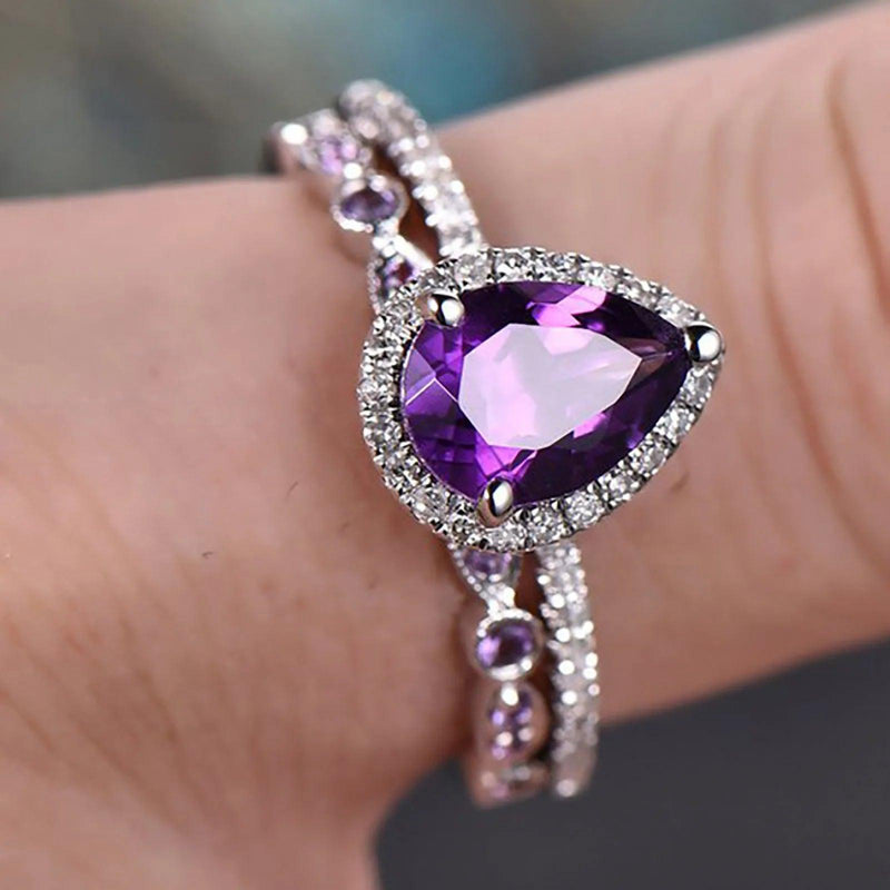 Shining Amethyst Ring, Tear Drop Shape, Cubic Zirconia Accent - Just The Fly Way