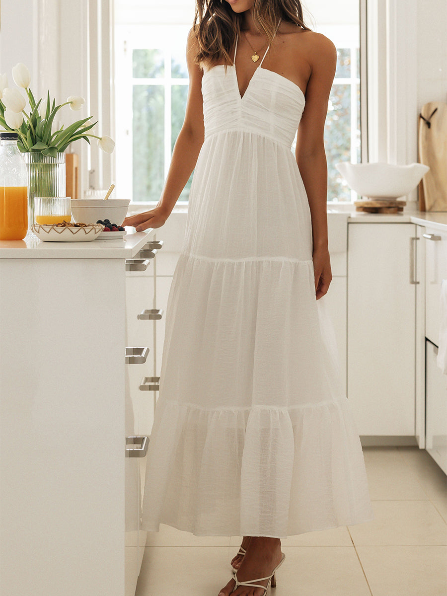 Elegant Sleeveless Maxi Dress with Halter Neckline and Backless Design Perfect for Summer Beach Parties and Casual Events - Just The Fly Way