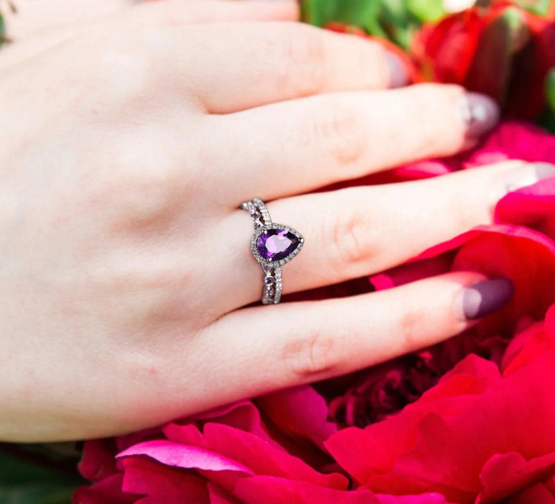 Shining Amethyst Ring, Tear Drop Shape, Cubic Zirconia Accent - Just The Fly Way