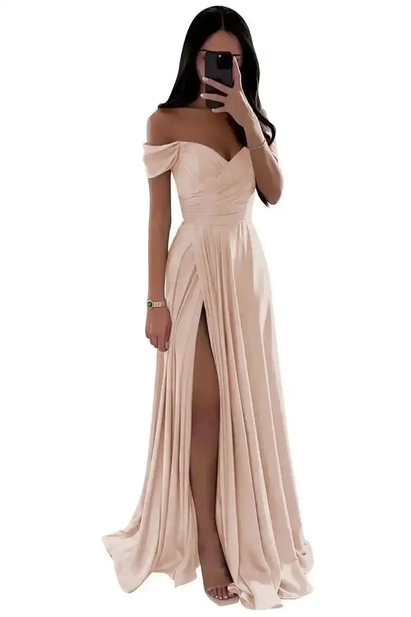 Elegant Women’s Off-the-Shoulder A-Line Evening Gown: Customized Slit Long Pleated Satin Dress