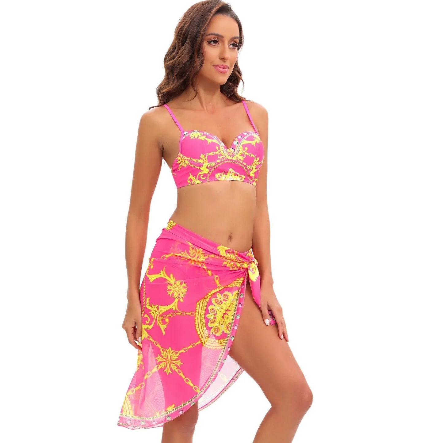 Three Piece Push Up Bikini Set, Black Gold Swimsuit with Skirt Cover Up - Just The Fly Way