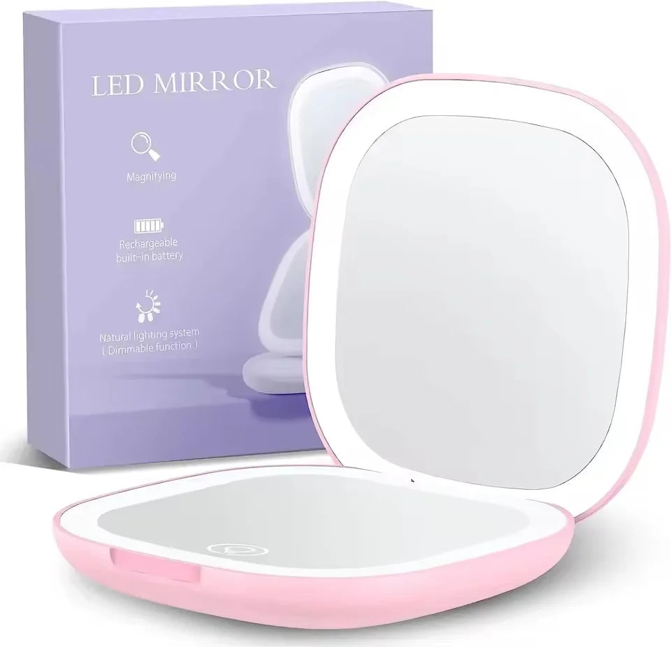 Portable LED Makeup Mirror, Double-Sided Lighted Mirror, Rechargeable 5X Magnification Folding Dressing Mirror for Touch-Ups.