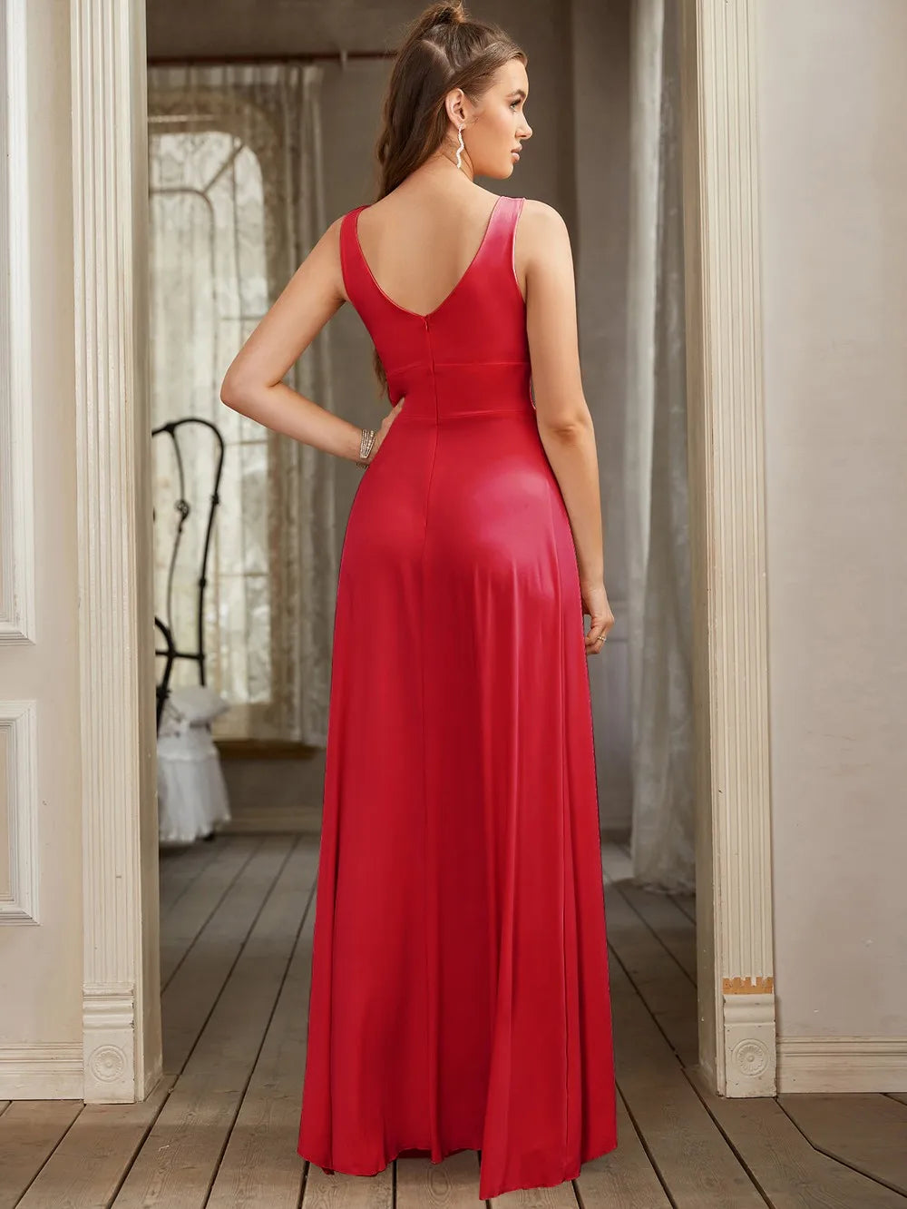 Elegant A-Line Split V-Neck Women's Party Formal Dress Sleeveless Floor Length Birthday Gown
