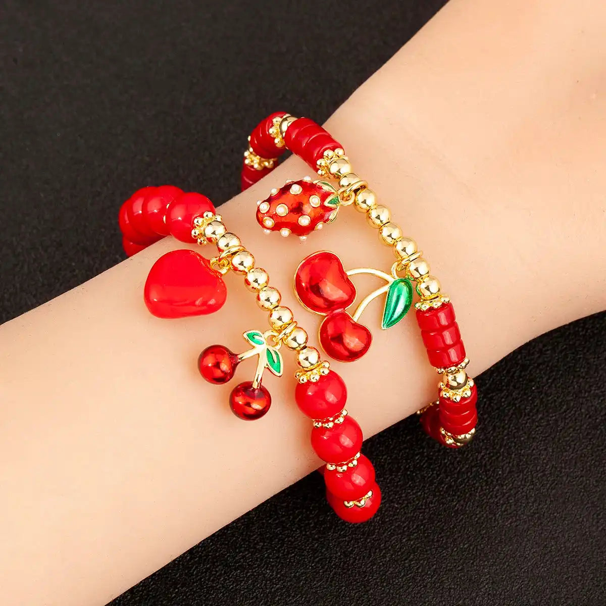 Cherry and Heart Red Beaded Chain Bracelet in 3 Fashion Styles – Trendy Jewelry - Just The Fly Way