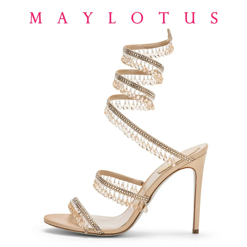Fashionable, Bold and Beautiful Dress2025 Spring/Summer New Water Diamond Jewel Wrist Wrapped Snake-shaped High Heel Sandals Sexy Large Size Shoe Girl Women Sandals