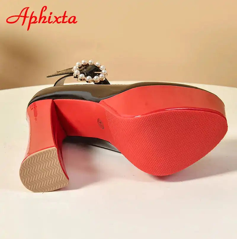 Aphixta Pearl Buckle Round Toe Pumps 5.5cm Platform Chunky Heels Shoes Black/Red Women's Fashion High Heel