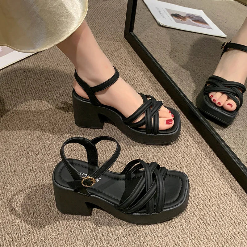 Fashionable, Bold and Beautiful DressWomen's Waterproof Wedge Platform Sandals Casual Fashionable Buckle Strap High Heel Square Toe Modern Sandals
