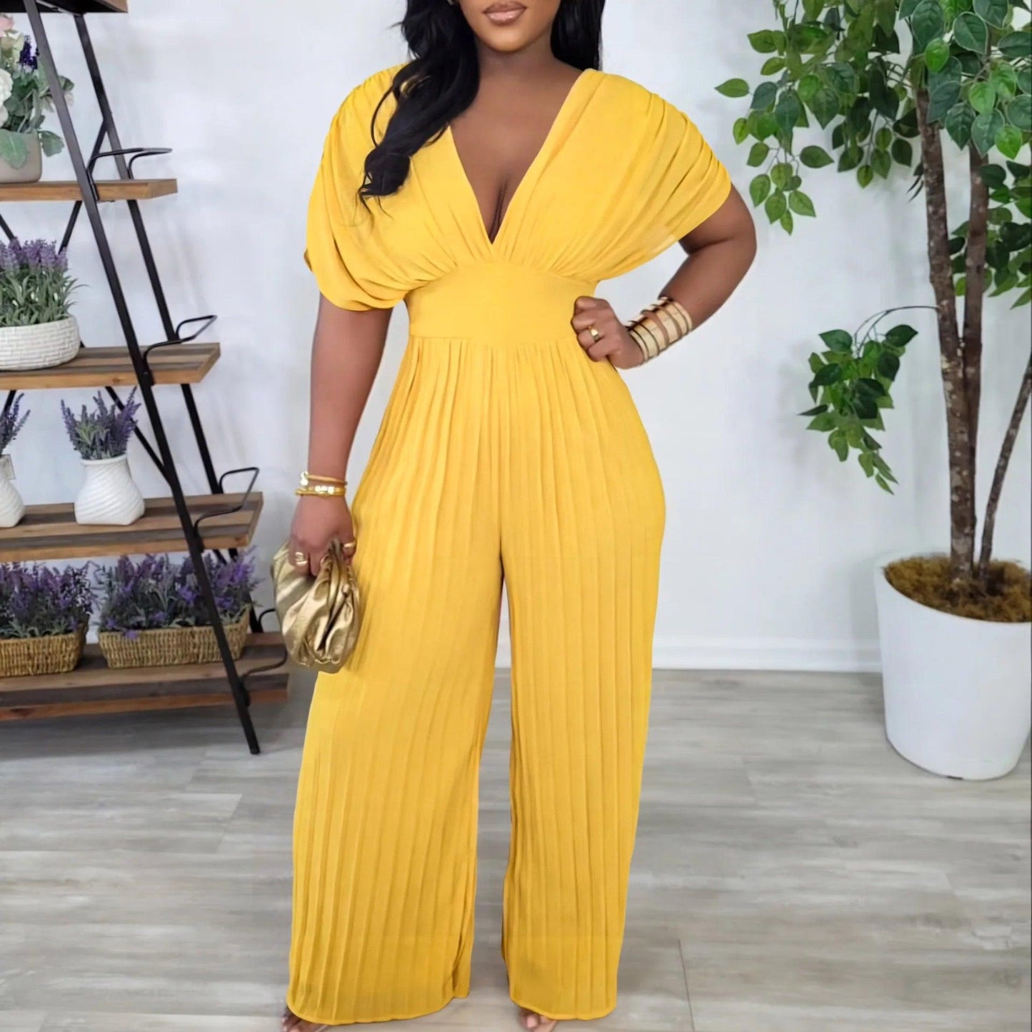 Elegant V-neck Solid Color Fashion Pleated Wide leg Jumpsuit, Pants Romper - Just The Fly Way